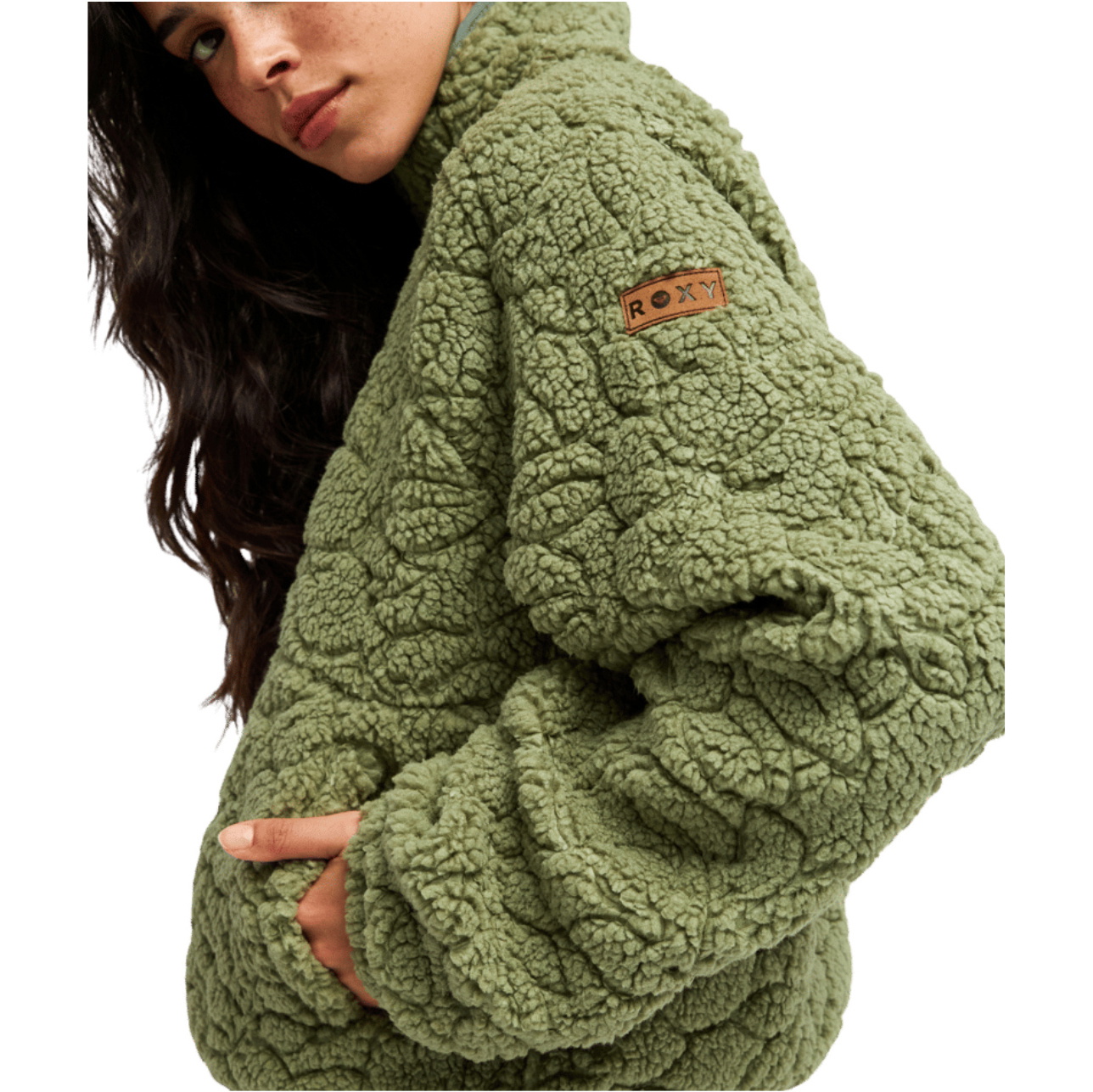 2026 Roxy Womens Blurry Cloud Full Zip Relaxed Fleece  ERJPF03212 - Oil Green Outline Mo